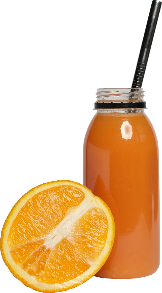 Bottle of Orange Juice with Straw and Slice of Fruit